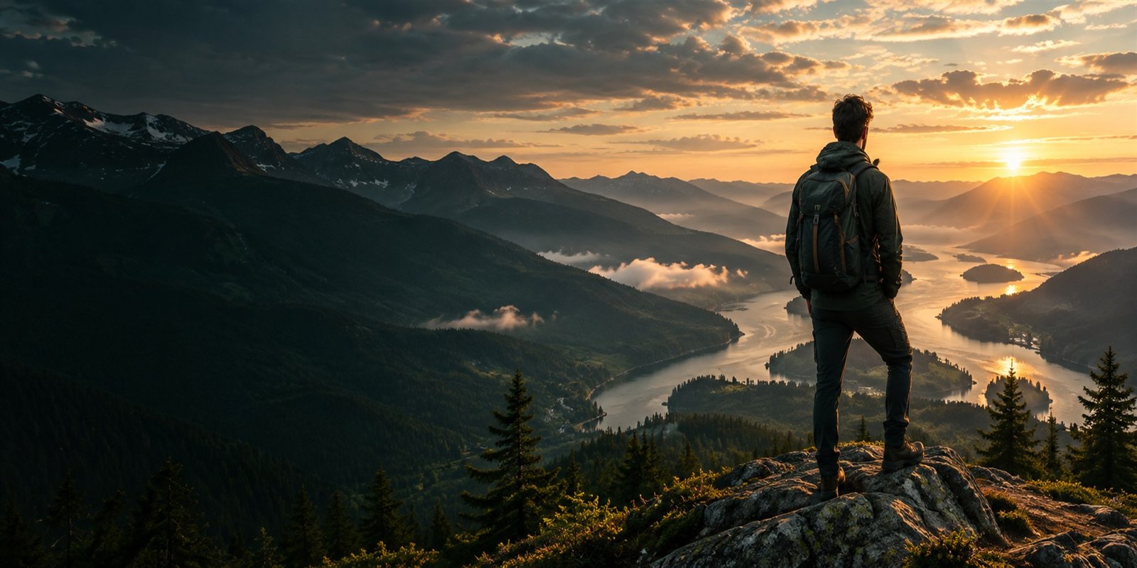 A person overlooking a mountain valley at sunrise, representing a long-term financial view